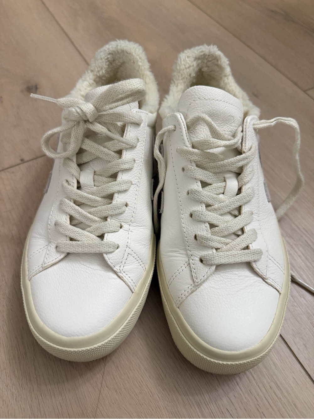Veja Campo Women's Cream Leather Lace-Up Sneakers with Sherpa Lining